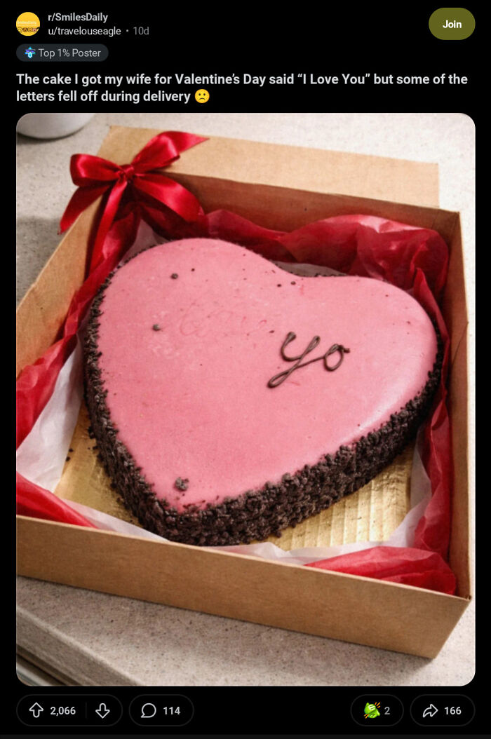 Heart shaped pink cake with missing letters from I Love You message