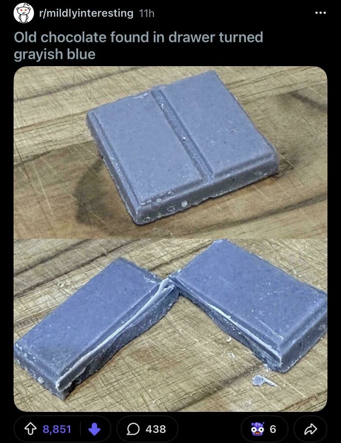 Old chocolate bars showing grayish blue color found in drawer surprising discovery