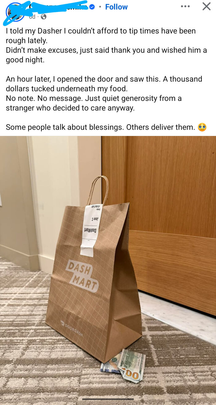 Doordash food bag left by door with cash underneath generosity story fake internet points
