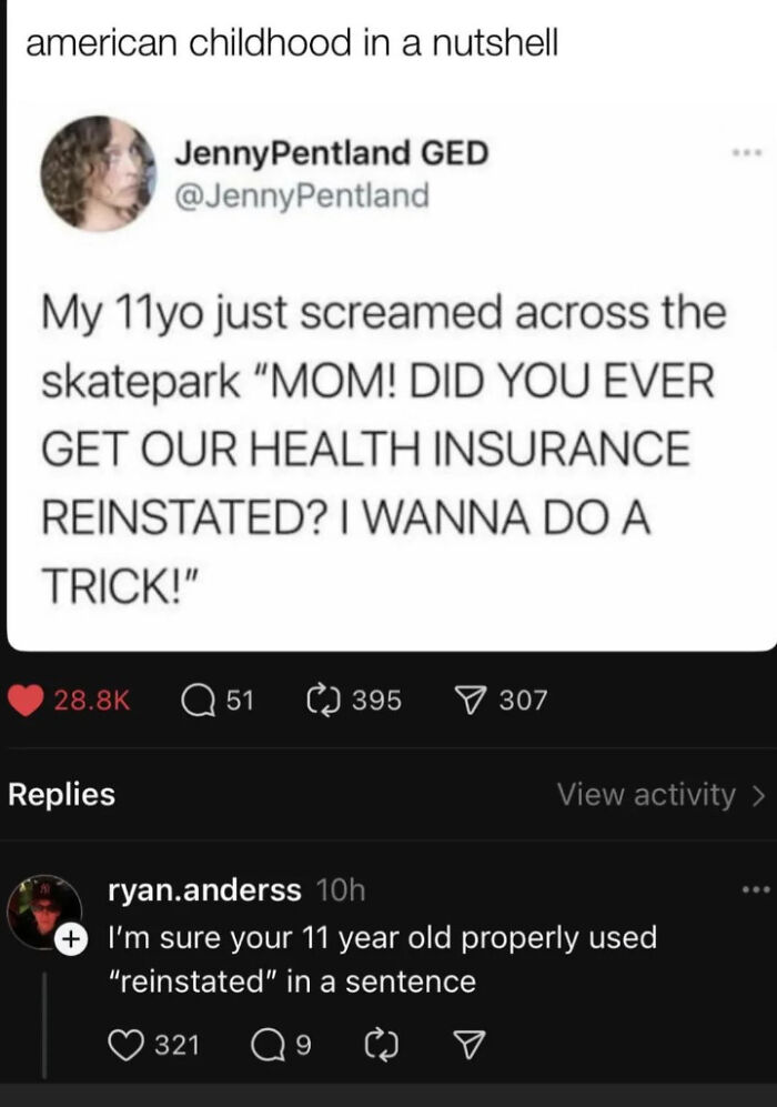 Funny tweet about 11 year old wanting health insurance reinstated to do a skatepark trick