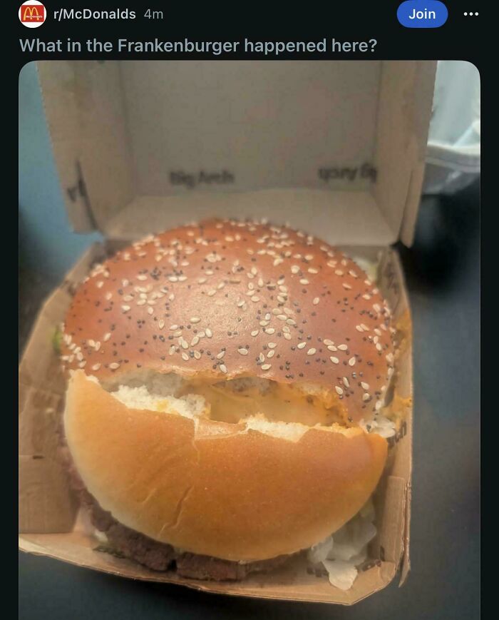 McDonald's sandwich with messed up bun resembling Frankenburger fake internet points