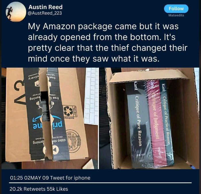 Amazon package opened from bottom revealing philosophy books inside delivery fake