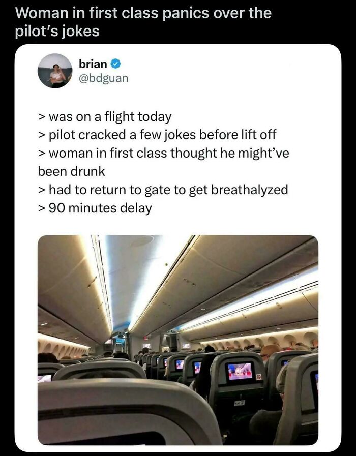 Inside airplane cabin after pilot jokes caused first class panic and delay