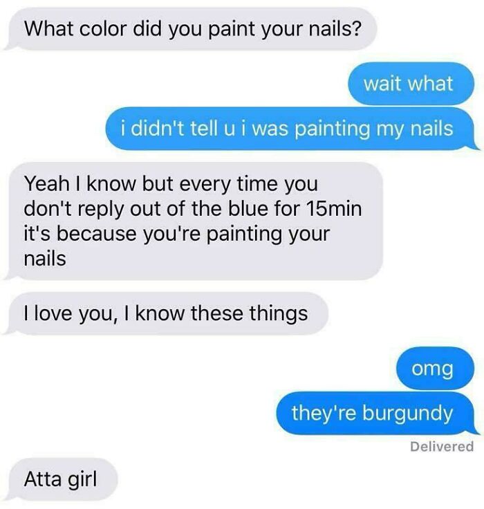 Text message conversation about painting burgundy colored nails
