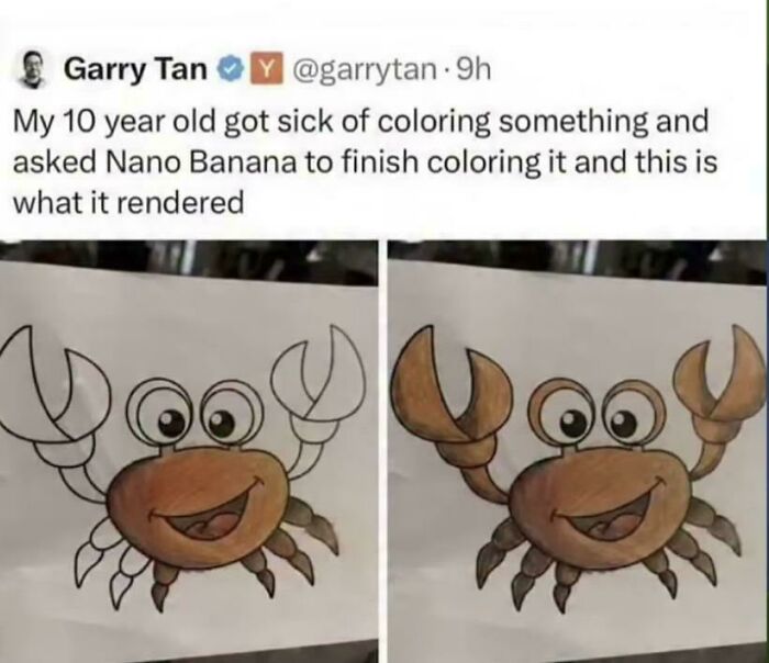 Child's coloring of crab cartoon compared to imperfect colored version