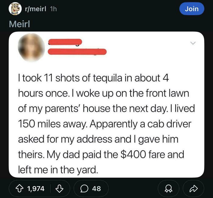 Screenshot text about tequila shots and getting left on parents' lawn