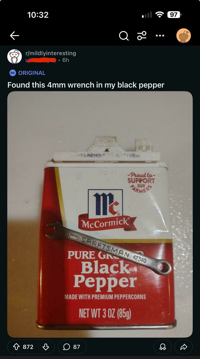 Tiny 4mm wrench found inside black pepper container unexpected object