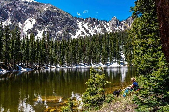 Person sitting by forest lake surrounded by snowy peaks stunning nature views