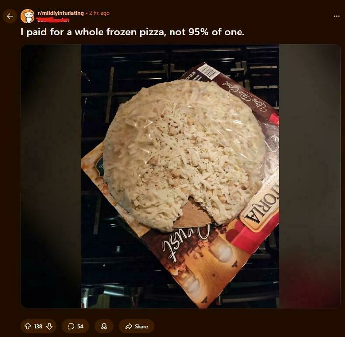Frozen pizza missing a slice with uneven cheese distribution fake internet points