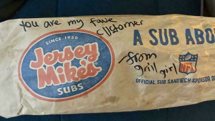 Jersey Mike's sandwich wrapper with handwritten message to favorite customer