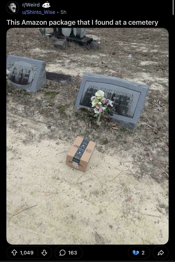 Amazon package left at cemetery grave site beside a headstone