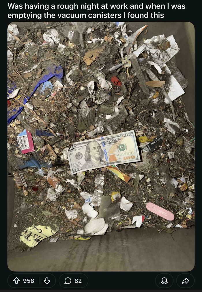 Vacuum dust bin containing $100 bill amidst debris