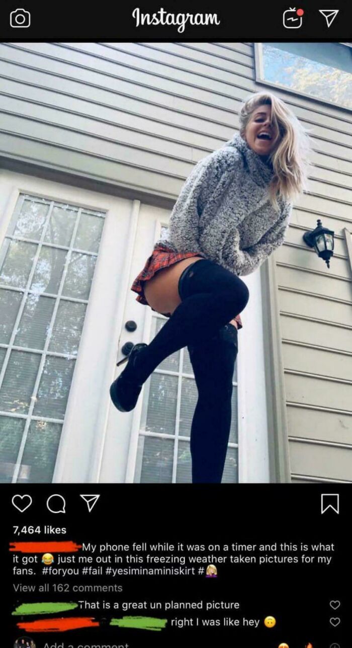 Amusing Instagram photo of woman caught mid-motion wearing mini skirt and boots