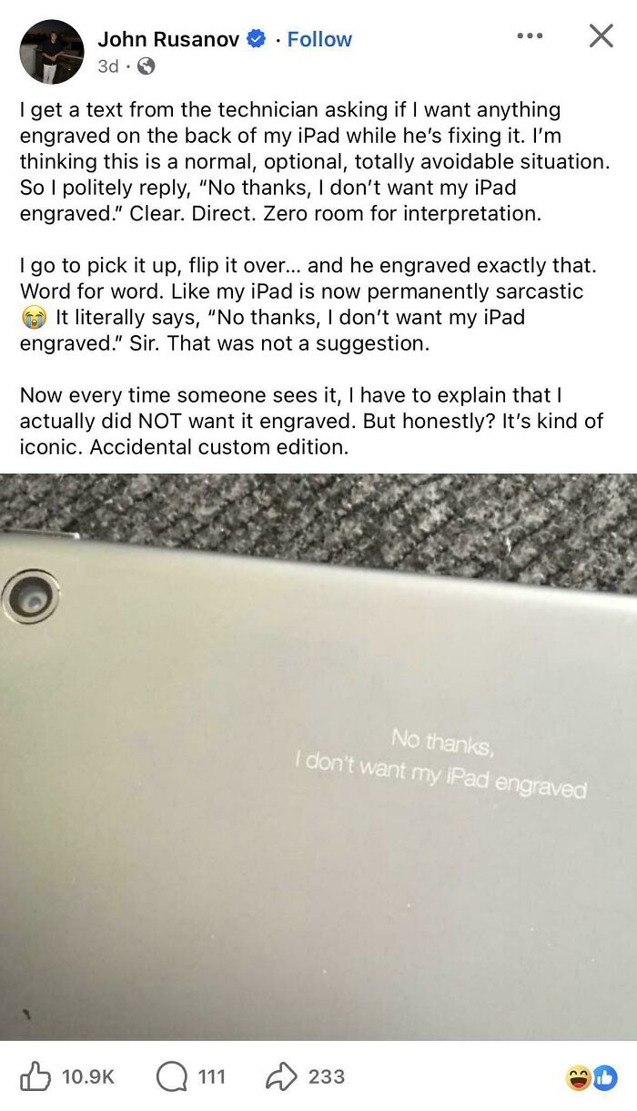 iPad with sarcastic engraving saying no thanks I don't want my iPad engraved