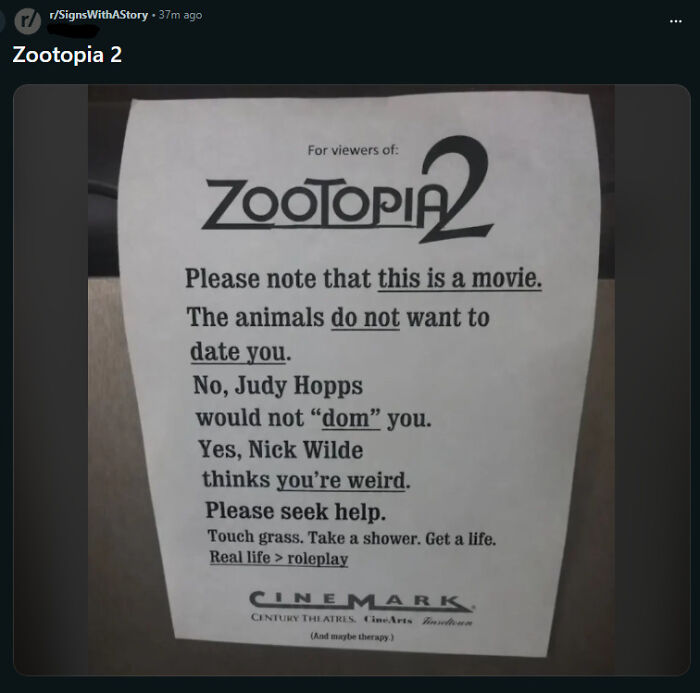 Printed Zootopia 2 movie sign humorously warning against animal dating