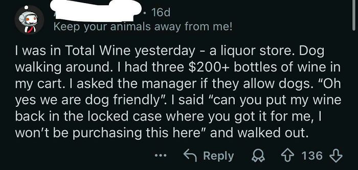Text about dog walking in wine store causing customer to leave