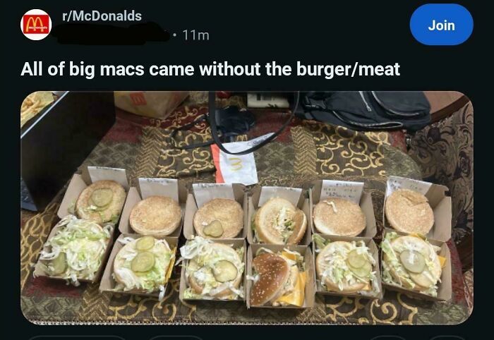 McDonald's Big Macs without meat arranged in boxes for internet points