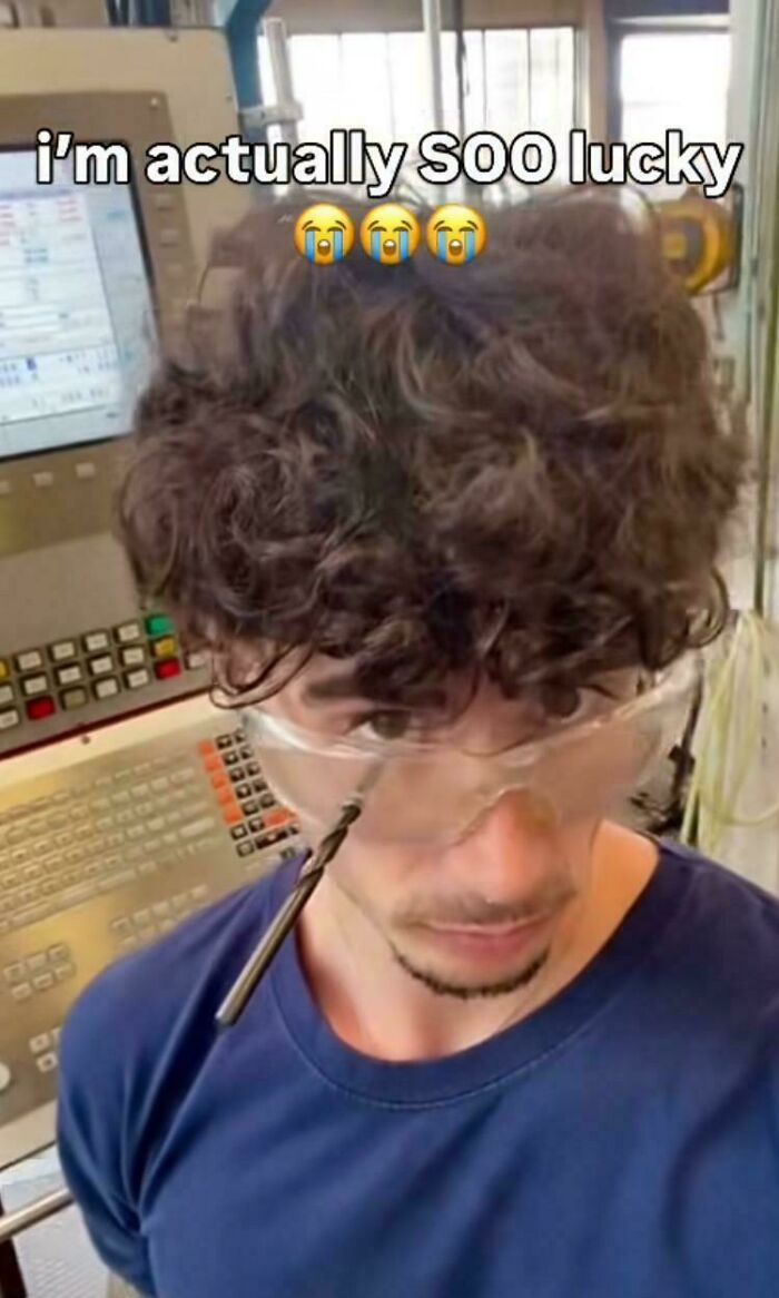 Man with safety glasses and drill bit comedic fail with internet points