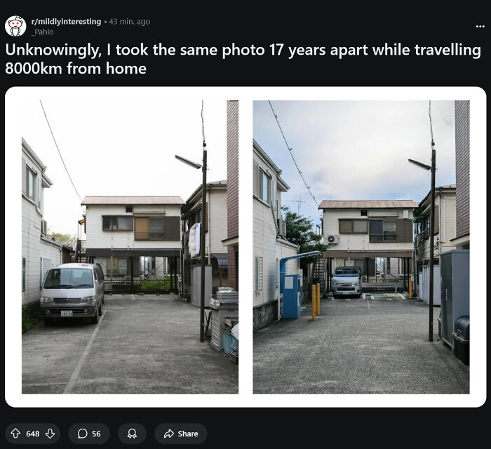 Side-by-side comparison of same photo taken 17 years apart showing travel photography