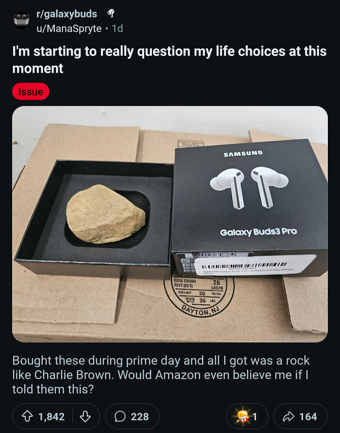 Box for Galaxy Buds Pro containing rock instead of earbuds