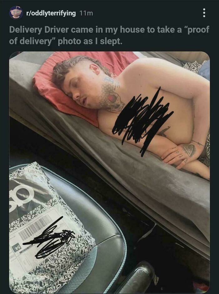 Sleeping man photographed with delivery package as proof of delivery