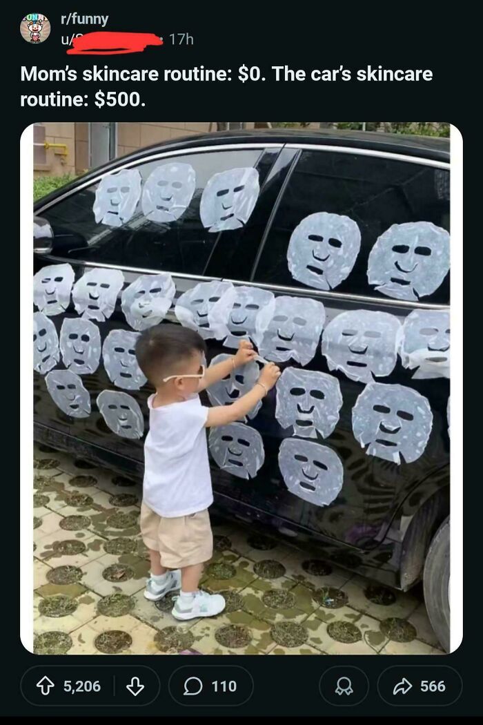 Car covered with many white face-shaped skincare masks by child