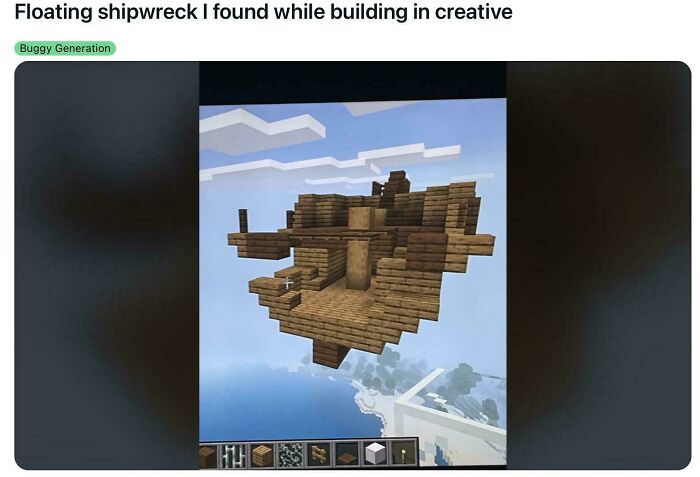 Floating wooden shipwreck build found in creative mode of game