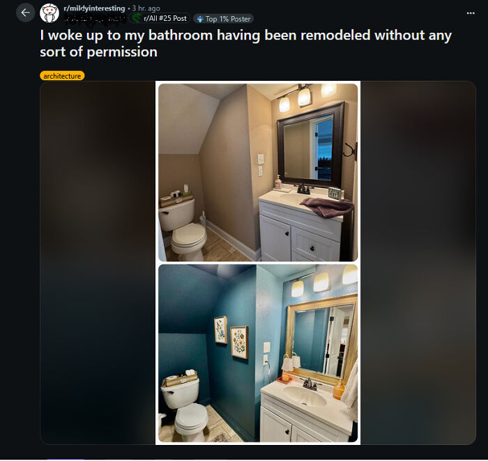 Bathroom remodeled without permission shown in before and after photos