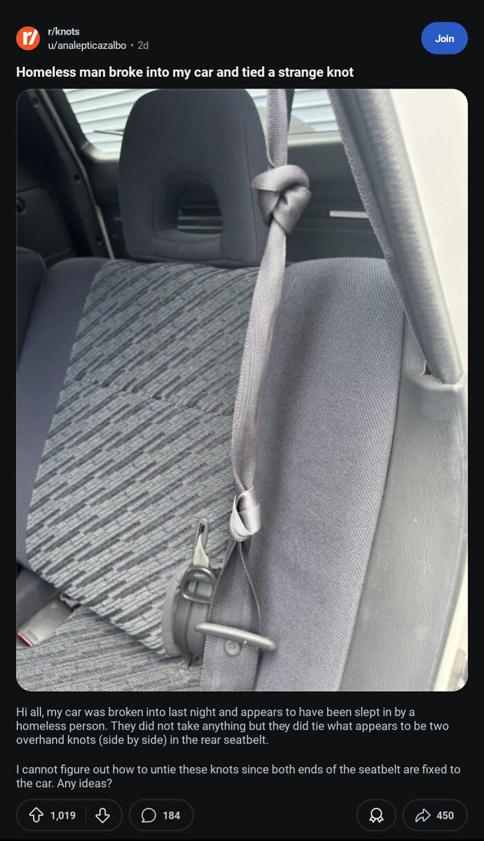 Strange knots tied in rear seatbelt after homeless person slept in car