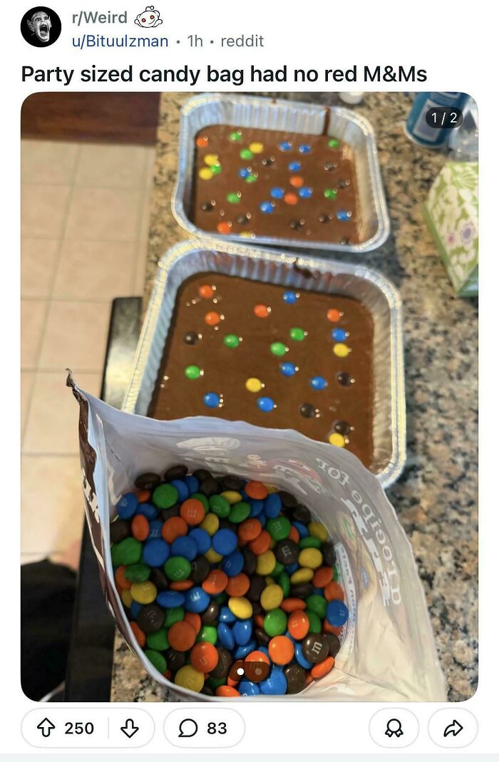 Party size candy bag of M&Ms missing red colors