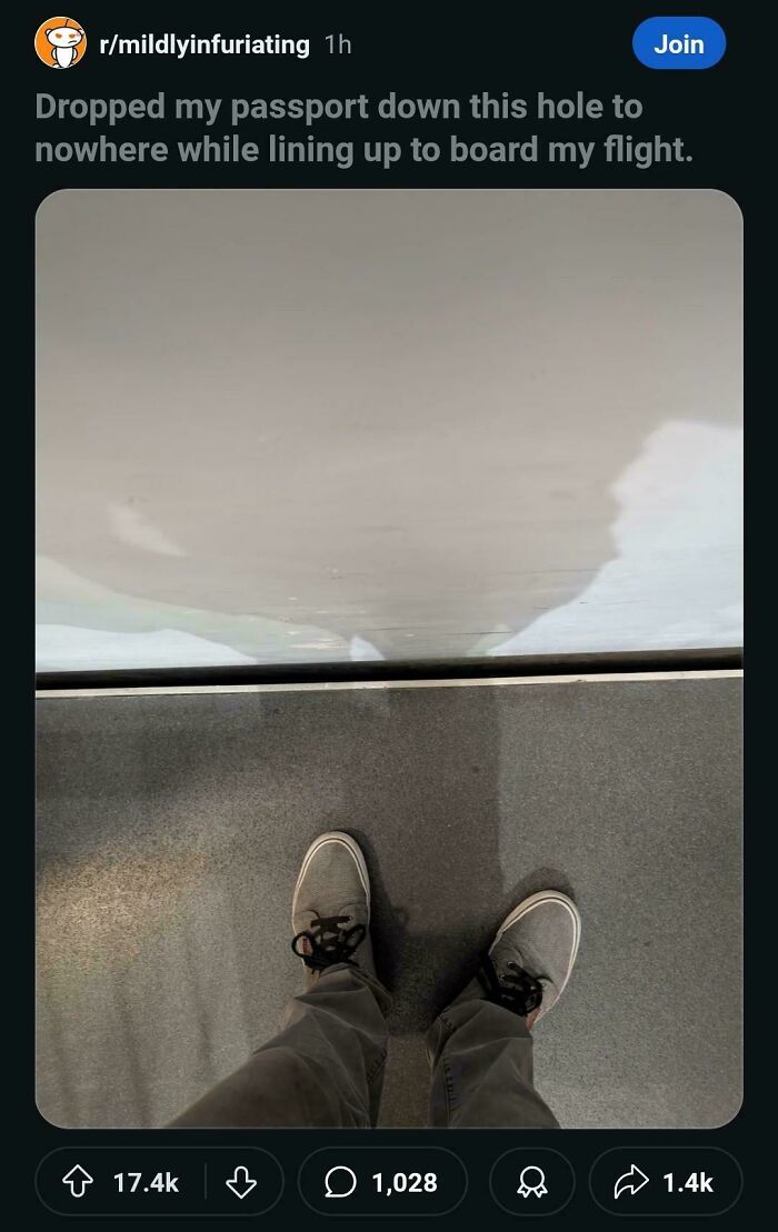 Person's feet by a hole under airport boarding area floor