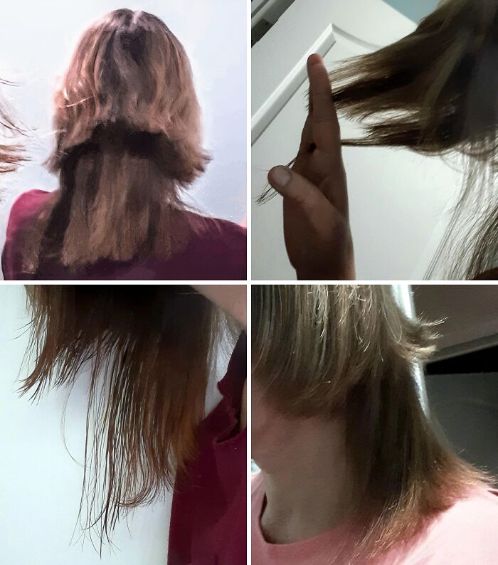 A four-panel image of various bad haircut beauty disasters, showing uneven layers and choppy ends.