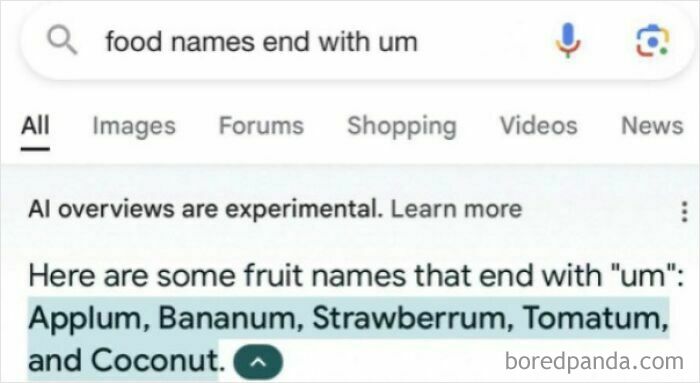 A Google search for food names ending with 'um' shows humorous typos like Appulum and Bananum, a funny stroke moment.