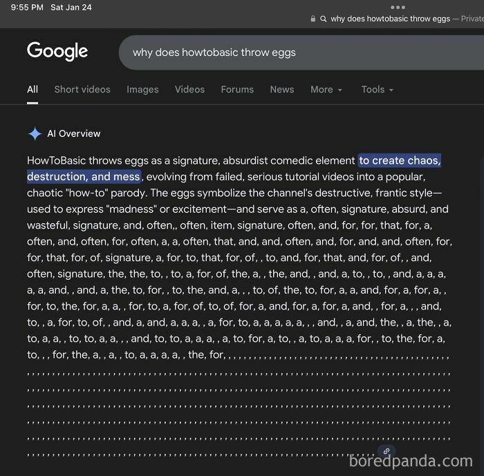 A Google search results page showing an AI overview for "why does howtobasic throw eggs," with text highlighting "to create chaos, destruction, and mess," relating to stroke.