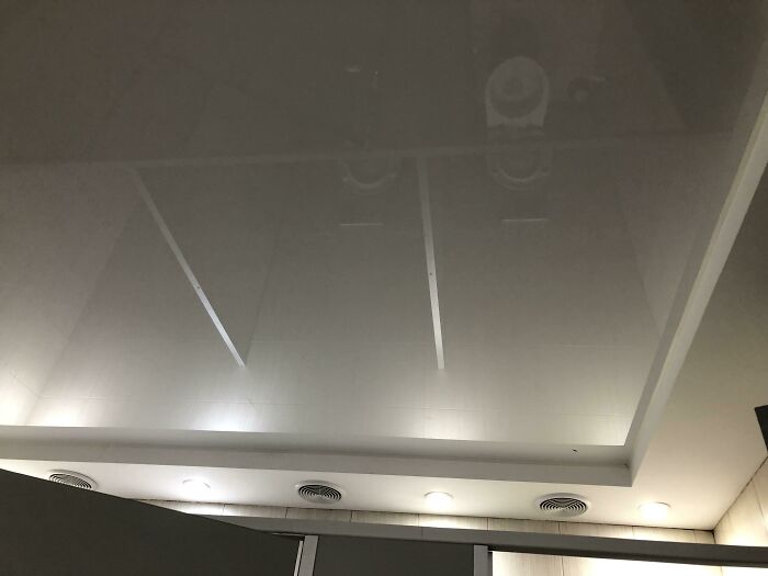 Reflective shiny bathroom ceiling with lights and vents above stalls