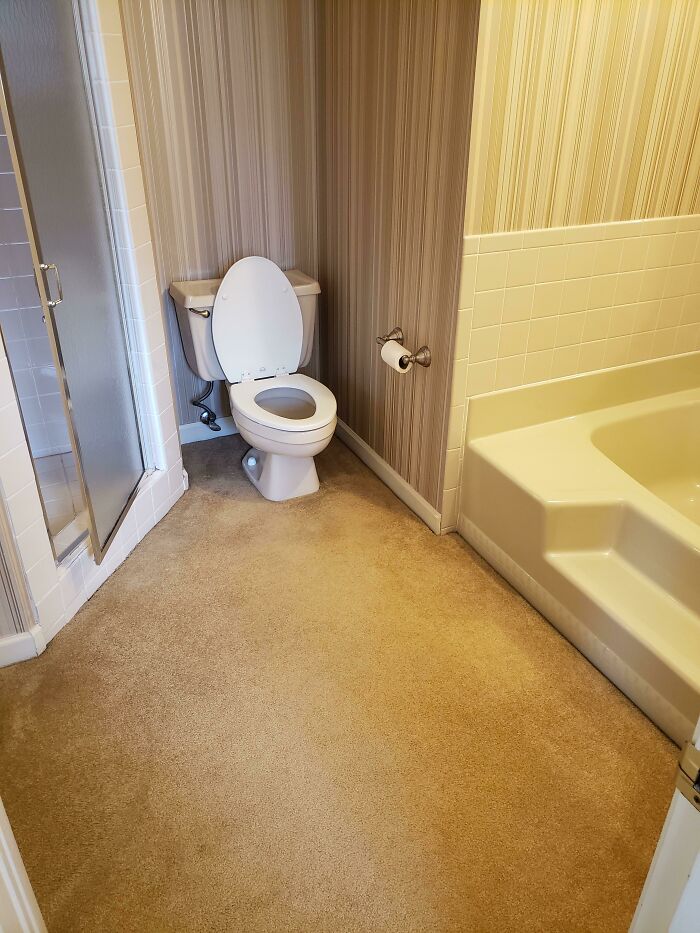 Carpeted bathroom floor surrounding a toilet creating a questionable bathroom design