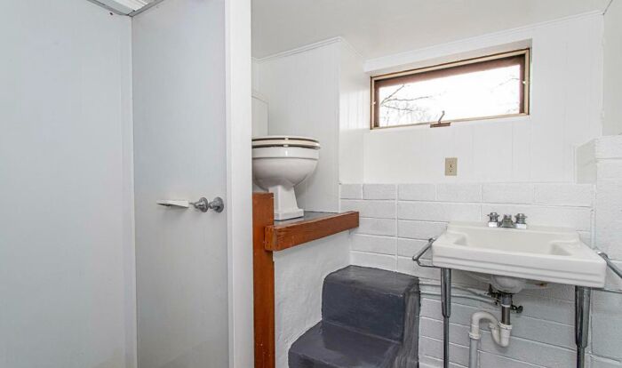 Elevated toilet accessed by steps in oddly designed bathroom