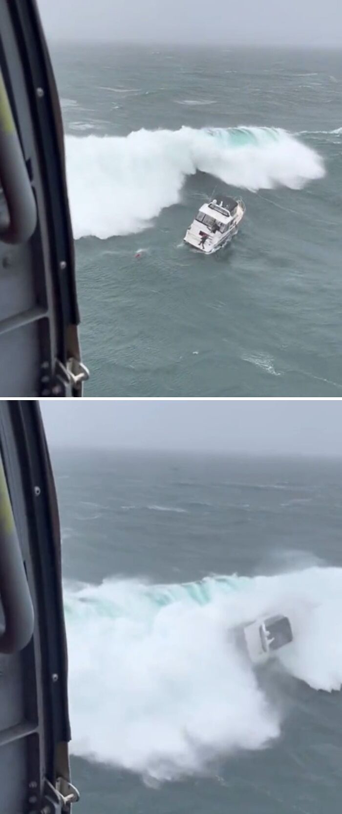Sinking Ship At The Mouth Of The Columbia River. Coast Guard Rescue Arrived Just In Time To Capture Footage And Rescue Captain