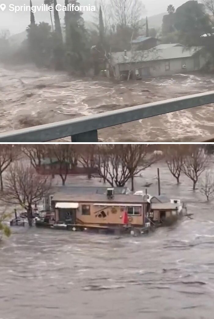 Two images show homes and devices submerged in catastrophic floodwaters in Springville, California. A machinery failure.