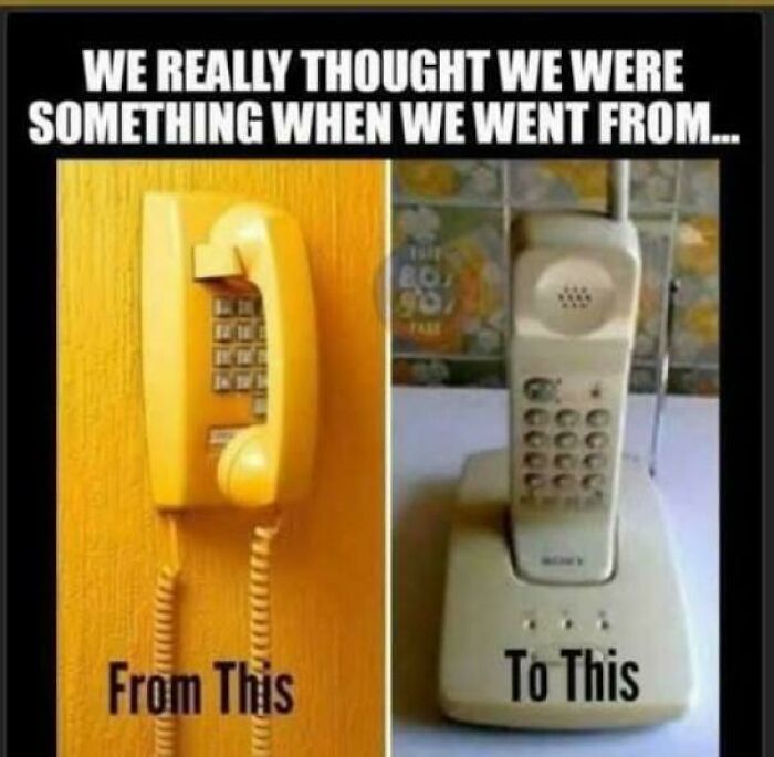 A throwback meme comparing old corded and cordless phones, appealing to 90s kids nostalgia.