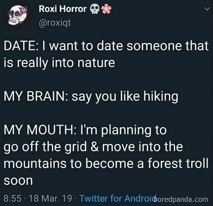 Tweet humor about dating someone into nature and hiking plans