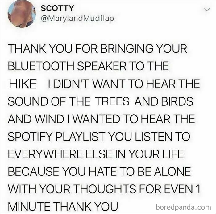 Tweet sarcastically thanking Bluetooth speaker users on a hike