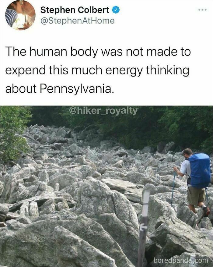 Hiker navigating rocky terrain in Pennsylvania with outdoor adventure meme text