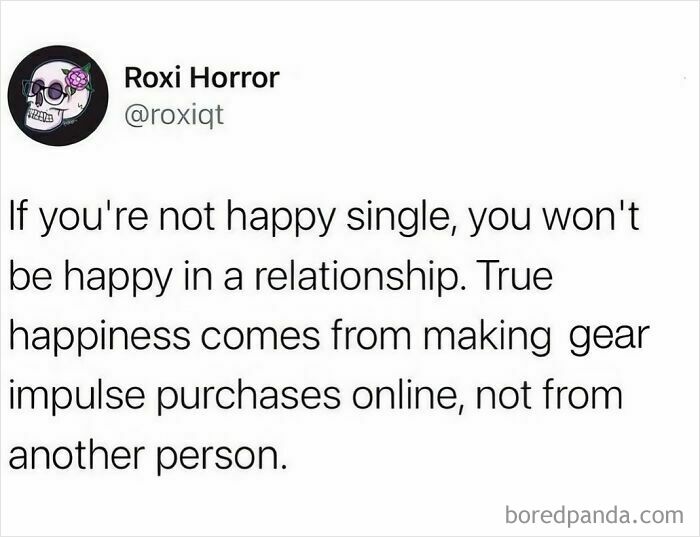Tweet about happiness coming from gear purchases for outdoors