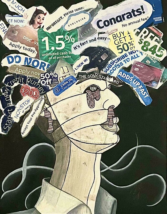 Collage art showing a person's face covered in consumerism messages, illustrating insulting consumerism and price difference.