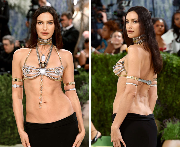 Irina Shayk in a revealing Met Gala outfit, sparking a "male body" debate. Front and back view of the stunning look. Irina Shayk in a revealing Met Gala outfit, sparking a "male body" debate. Front and back view of the stunning look.