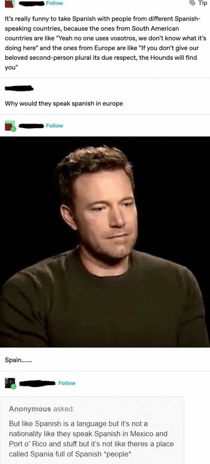 A meme with a confused Ben Affleck about people confidently posting dumbest things regarding the Spanish language