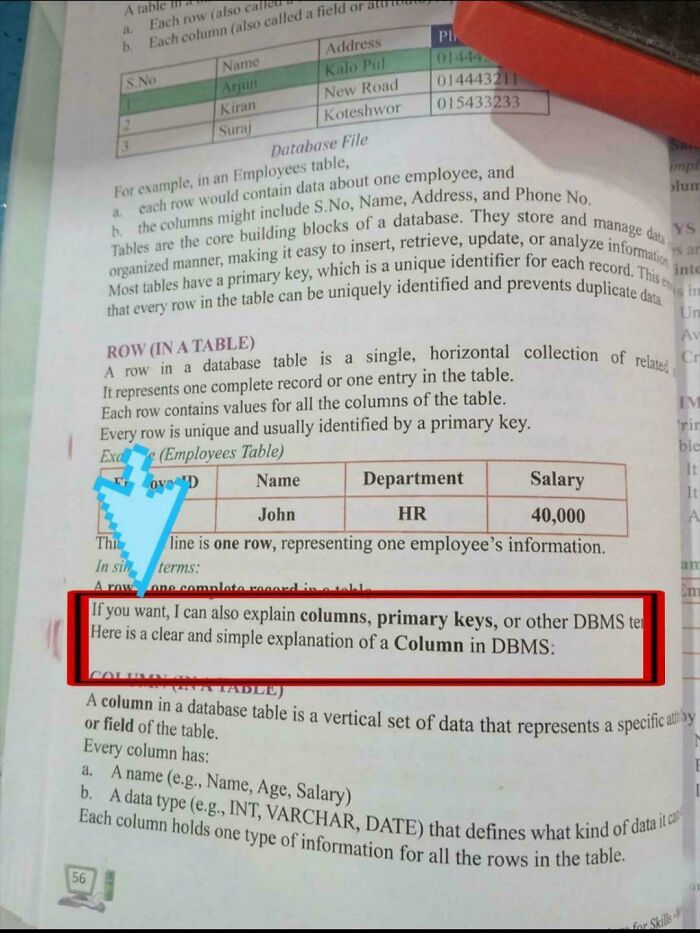 Funny you had one job fail: an open textbook displaying database information with a highlighted section on columns.