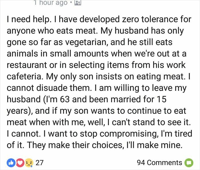 Person developing zero tolerance for meat eaters including family members