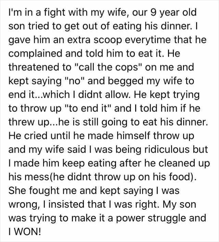 Dramatic story of a father forcing son to finish dinner despite power struggle